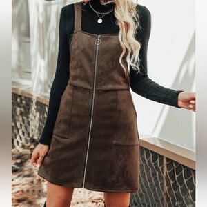 Cupshe Brown Suede-Look Zip-Front Pinafore Mini Dress
